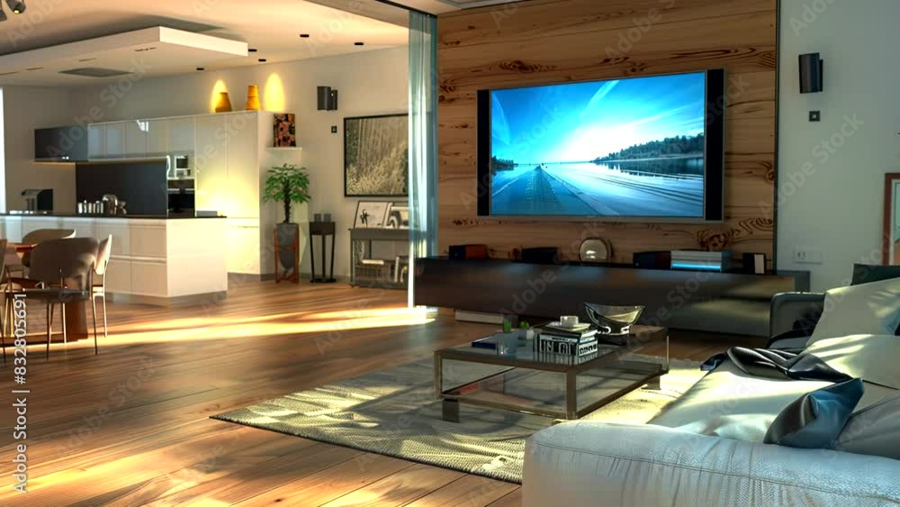Modern Living Room And Dining Room With Television Set And Parquet Floor. seamless looping time-lapse virtual 4k video animation background Modern Living Room And Dining Room With Television Set And Parquet Floor. seamless looping time-lapse virtual 4k video animation background