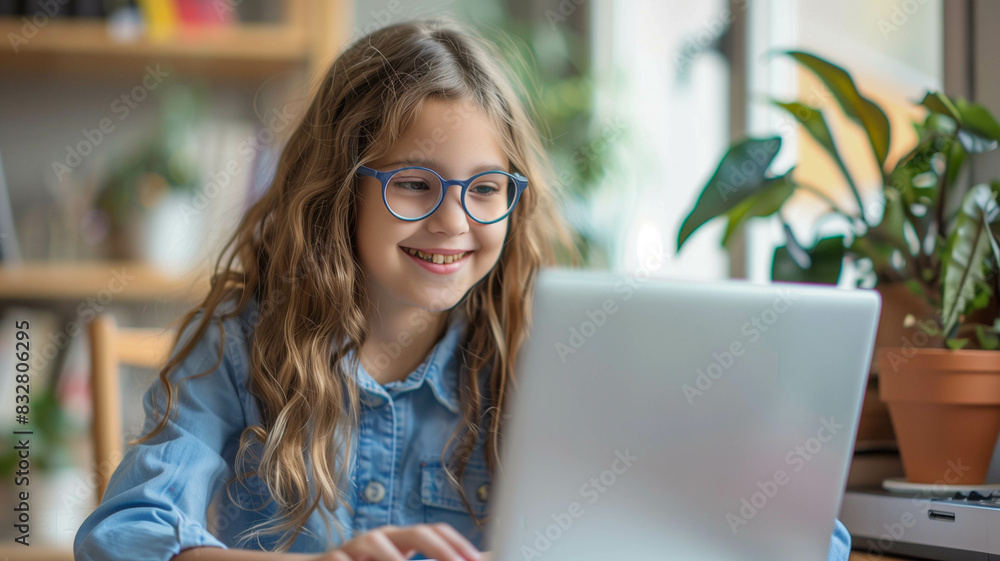 school girl with stylish round metal glasses, happily engaged in online studies from her laptop at home school girl with stylish round metal glasses, happily engaged in online studies from her laptop at home