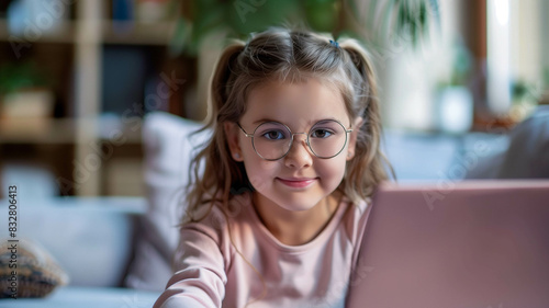 school girl with stylish round metal glasses, happily engaged in online studies from her laptop at home