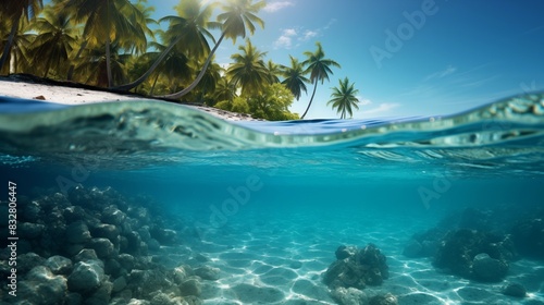 Tropical Beach Scene with Clear Water, Palm Trees, and Underwater Rocks