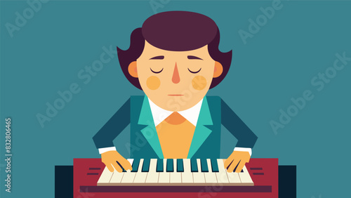 The organists intense focus is palpable as they play their eyes closed in deep concentration.. Vector illustration