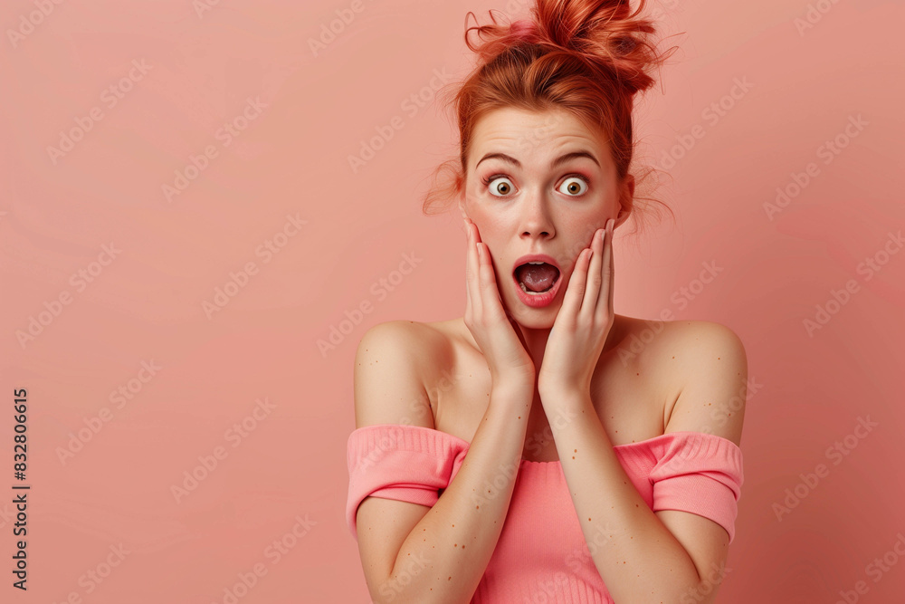 surprised young woman against a solid-colored background, her hands clasped to her cheek surprised young woman against a solid-colored background, her hands clasped to her cheek