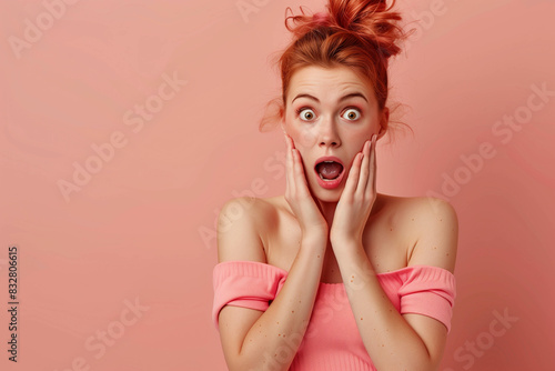 surprised young woman against a solid-colored background, her hands clasped to her cheek © Partha