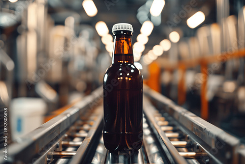 A close-up shot of the dark brown bottle with a white cap, positioned perfectly on the conveyor belt. The background is intentionally blurred, drawing attention to the bottle's pri photo