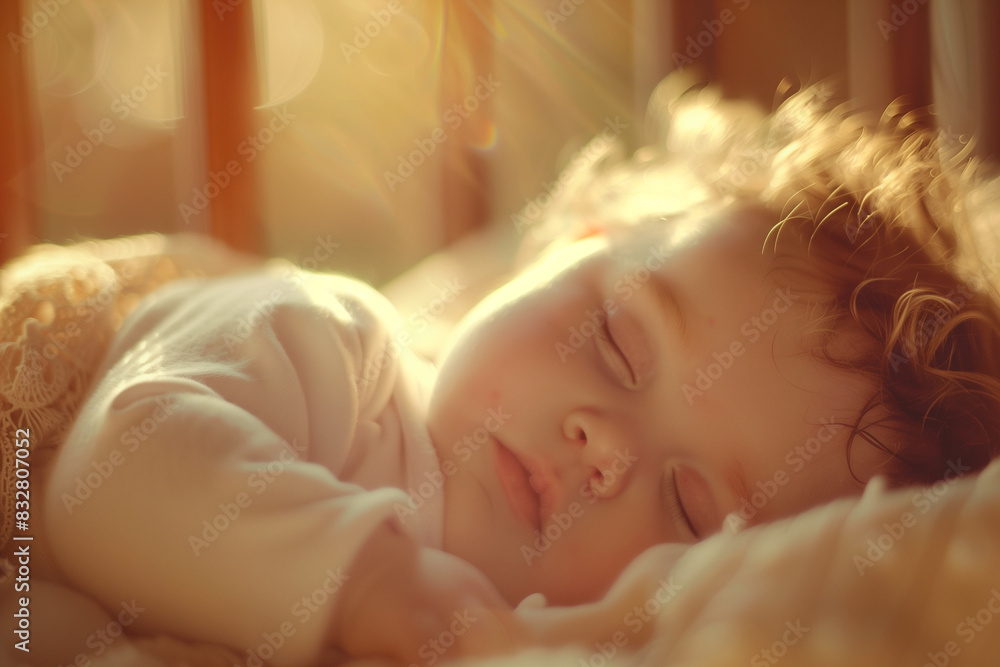 closeup of a baby sleeping sweetly in a crib, dressed in a soft white onesie. Gentle sunlight filters through the window, casting a warm, golden glow on the ba closeup of a baby sleeping sweetly in a crib, dressed in a soft white onesie. Gentle sunlight filters through the window, casting a warm, golden glow on the ba
