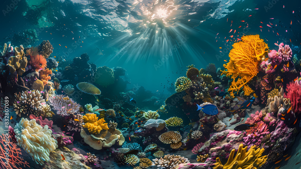 Naklejka premium A colorful underwater scene with a variety of fish and coral