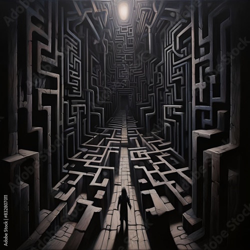 Draw a complex labyrinth with high, dark walls and shadowy corners, symbolizing the challenges of navigating through ignorance and confusion. This intricate maze evokes a sense of struggle and discove photo