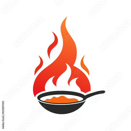 a high resolution minimalist logo for Restaurant, vector art illustration with a pan with flying food elements and flames icon