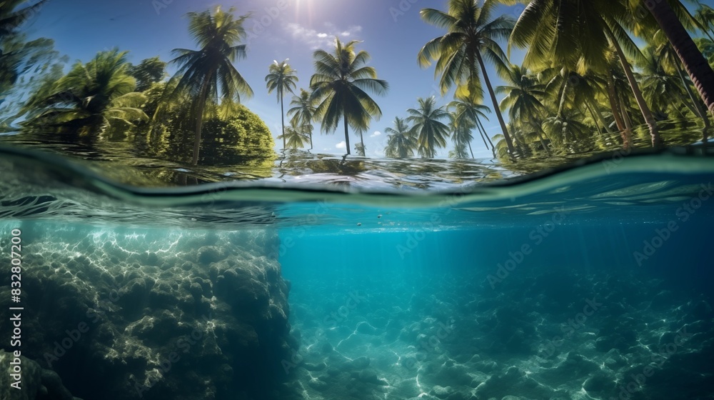 Half-Underwater View of Clear Blue Ocean and Lush Tropical Island with Palm Trees