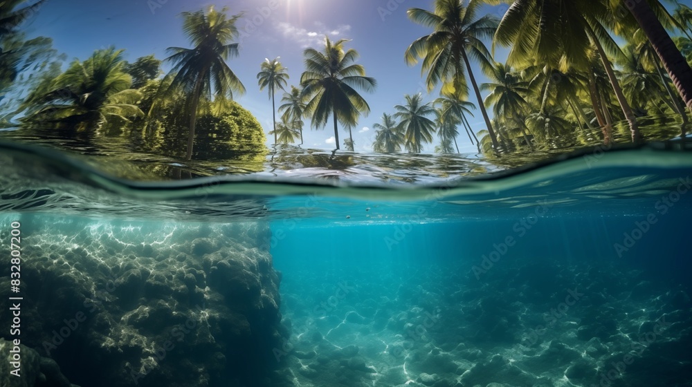 Half-Underwater View of Clear Blue Ocean and Lush Tropical Island with Palm Trees Half-Underwater View of Clear Blue Ocean and Lush Tropical Island with Palm Trees