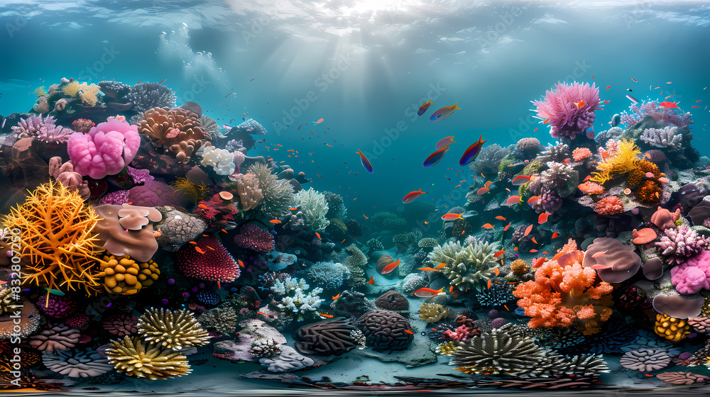 A colorful underwater scene with a variety of fish and coral A colorful underwater scene with a variety of fish and coral