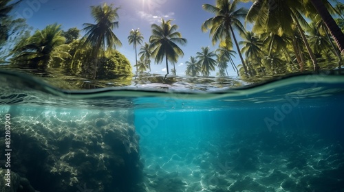 Half-Underwater View of Clear Blue Ocean and Lush Tropical Island with Palm Trees © Miva
