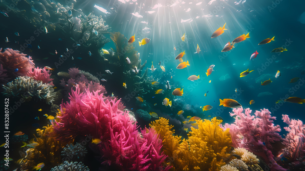 Fototapeta premium A colorful coral reef with many fish swimming around it