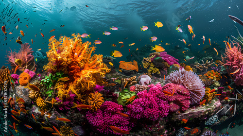 A colorful coral reef with many fish swimming around it