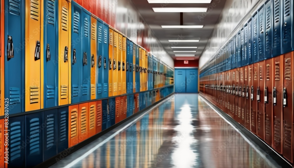 Fototapeta premium A colorful array of orange, yellow, and blue school lockers lining an empty, reflective hallway, suggesting a quiet academic setting.. AI Generation