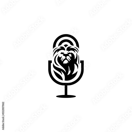 lion microphone logo design inspiration . lion podcast logo design template . lion studio logo design
