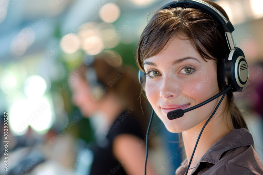 Smiling female customer support representative with a headset providing professional and friendly assistance in a modern call center office Smiling female customer support representative with a headset providing professional and friendly assistance in a modern call center office