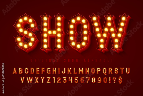 Retro circus alphabet design, cabaret, fairy LED lamps letters and numbers.