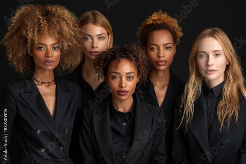 Portrait of a group of business women in black suits on a black background