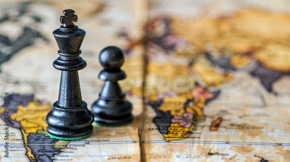Close-up image of black chess pieces on a world map, symbolizing international relations and global political strategies in geopolitics Close-up image of black chess pieces on a world map, symbolizing international relations and global political strategies in geopolitics