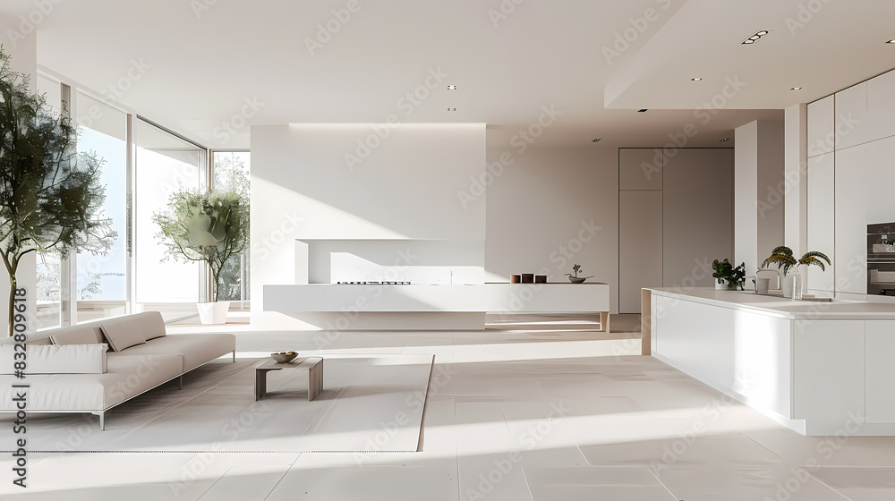 A large, open living room with a white wall and a large window A large, open living room with a white wall and a large window