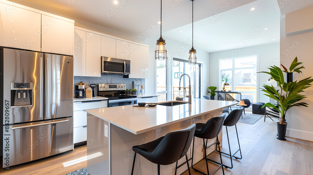 A kitchen with a white island and a potted plant on the counter A kitchen with a white island and a potted plant on the counter