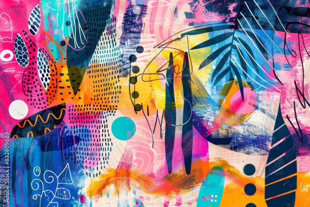 colorful abstract geometric shapes with modern doodles and paint texture collage art