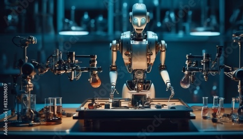 A robotic lab technician manipulates scientific equipment in a blue-lit laboratory filled with glassware and tools.. AI Generation