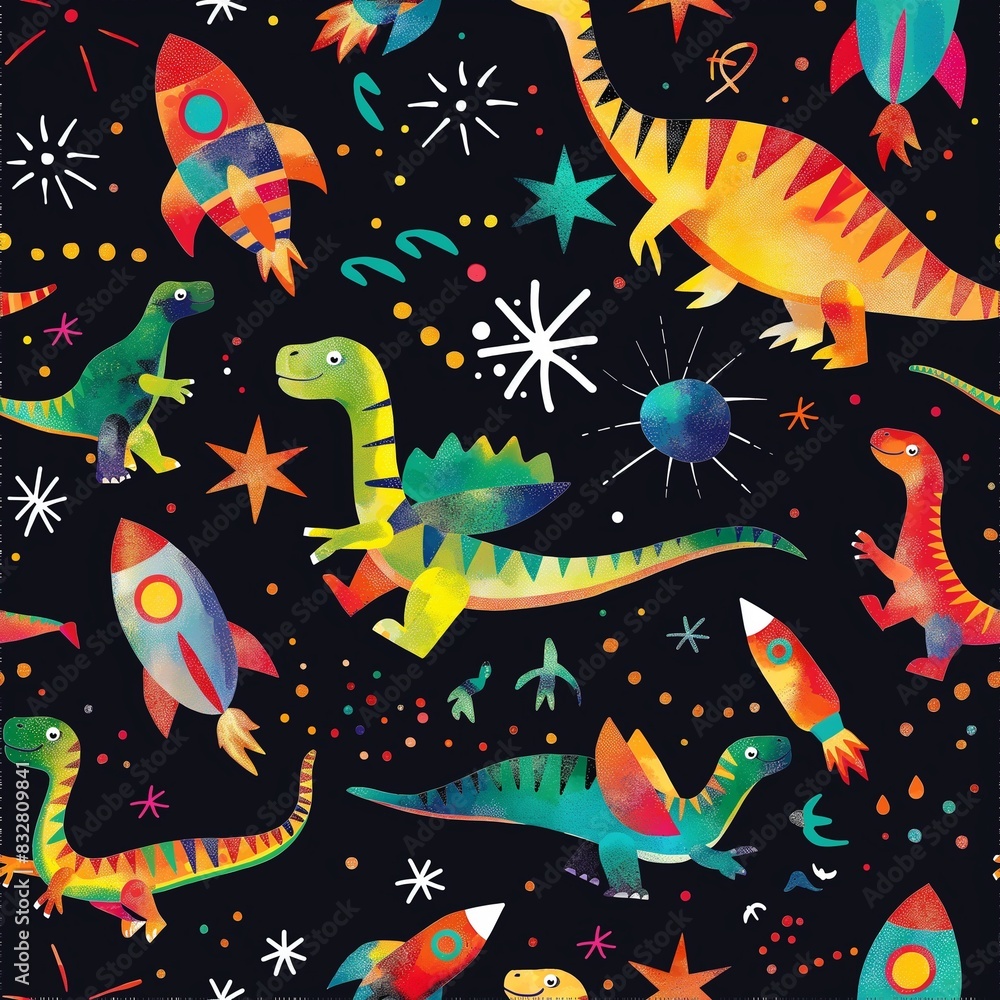 Vibrant Cosmic Dinosaurs and Rockets Pattern Vibrant Cosmic Dinosaurs and Rockets Pattern