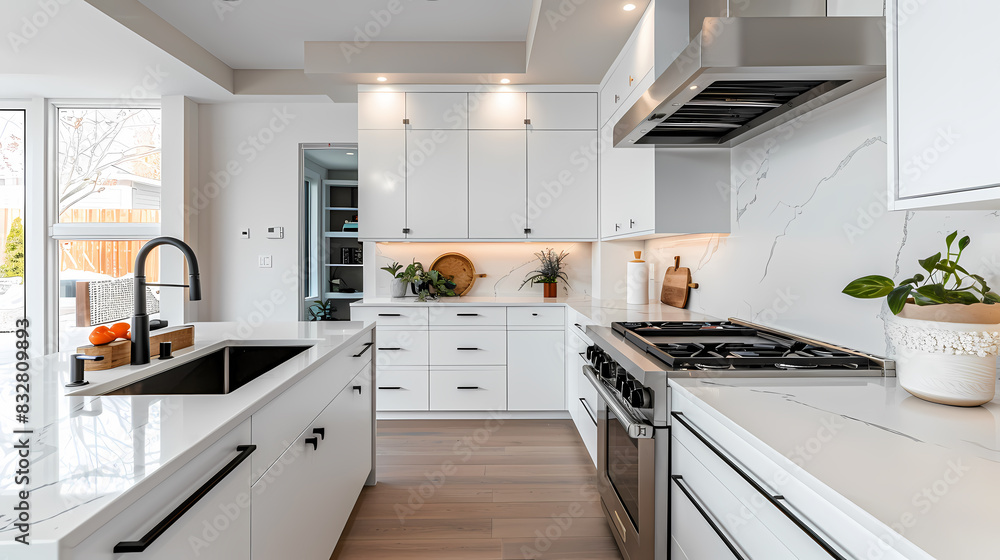 A large, open kitchen with a white counter and white cabinets A large, open kitchen with a white counter and white cabinets