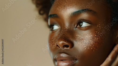Beauty, portrait and natural face of black woman with healthy freckle skin texture touch. Aesthetic, facial and skincare cosmetic model girl touching cheeks for self love and wellness.