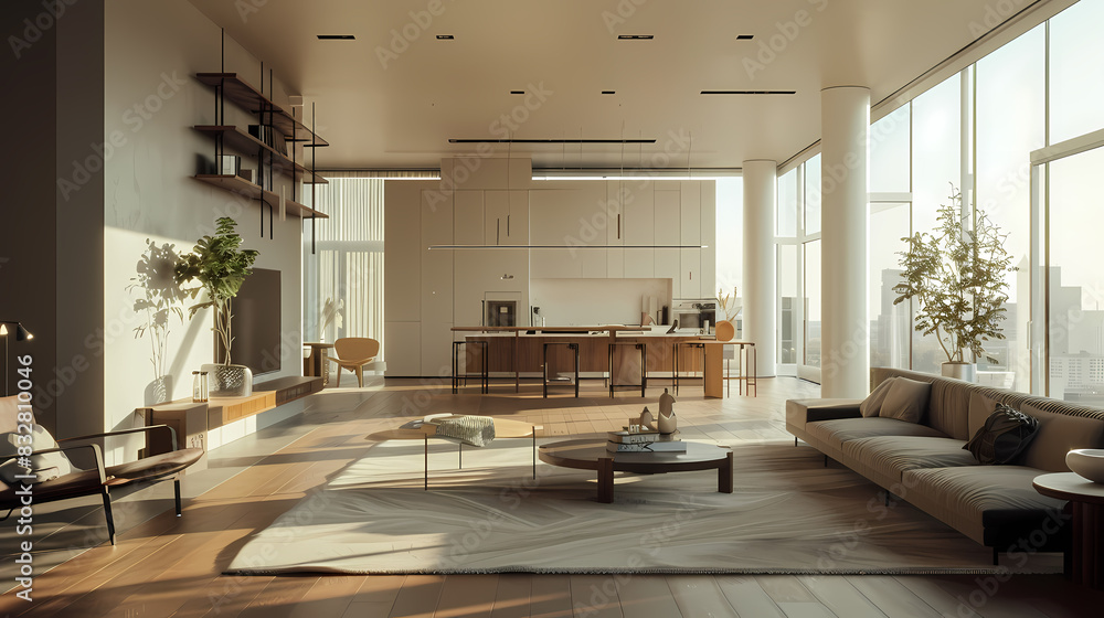 Naklejka premium A large, open living room with a kitchen and a dining area