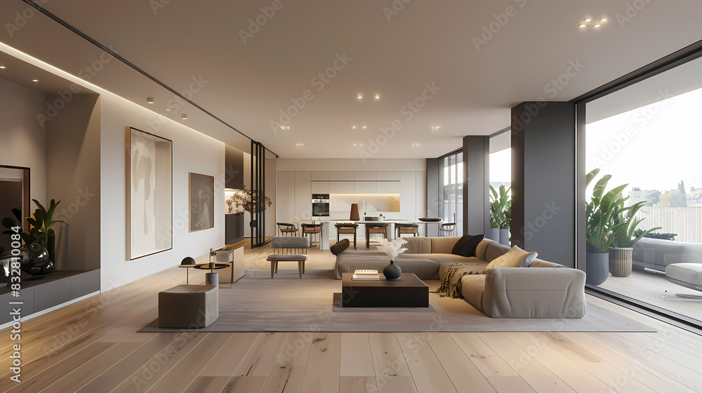 Fototapeta premium A large open living room with a wooden floor and a kitchen with a stove and oven