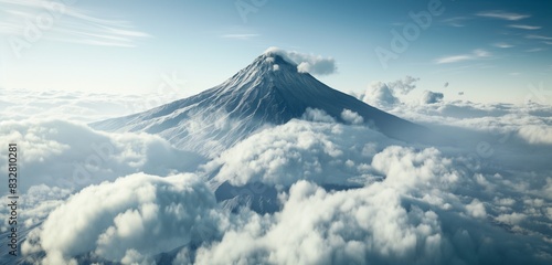 A towering mountain enveloped in clouds, with just the summit visible above a blanket of white, as viewed from a high altitude. photo