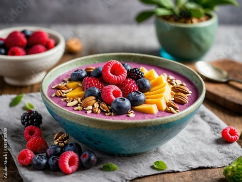 bowl of cereal with berries - A vibrant food photography shot of a smoothie bowl topped with fresh berries and nuts.