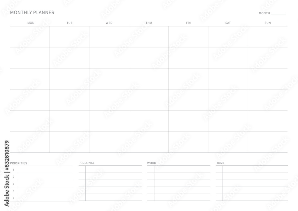 A monthly plan template with a simple and minimal style. Note, scheduler, diary, calendar planner document template illustration. A monthly plan template with a simple and minimal style. Note, scheduler, diary, calendar planner document template illustration.