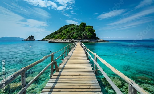 Beautiful wooden bridge to a small island in the transparent turquoise sea water  © Muhammadlmran