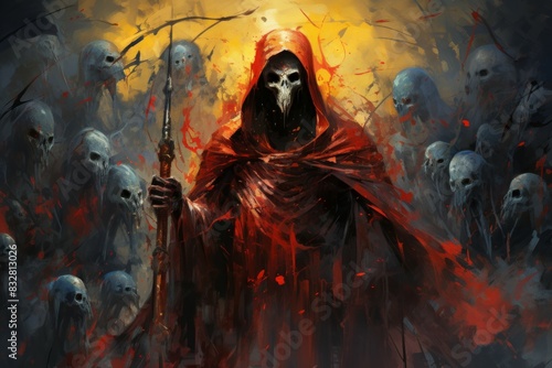 A powerful and fearsome necromancer, commanding legions of undead minions. - Generative AI