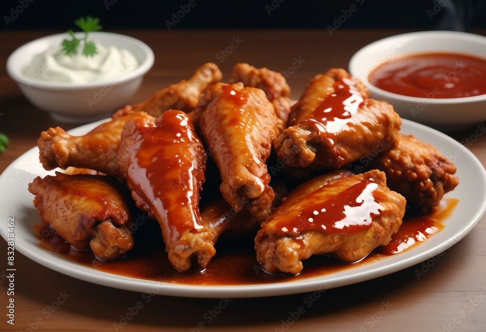 Close up view of delicious hot chicken wings with sauce at fast food restaurant.
