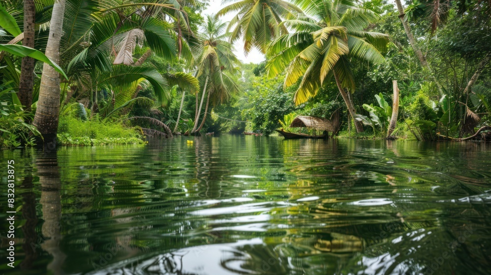 A lush green jungle with a river running through it A lush green jungle with a river running through it