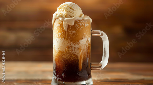 Root beer float in a frosted mug. National Root Beer Float Day concept.