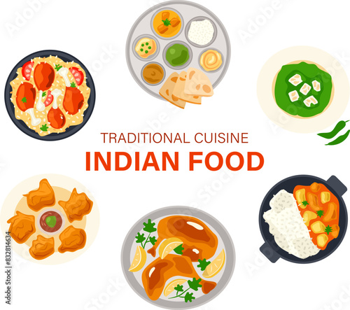 Indian Food Set - Curry, Biryan, Faloda, Pakora, Palak Paneer. Collection national dishes on plates, traditional cuisine. Eating, meals. Decorations for restaurant menu. Isolated. Vector illustration