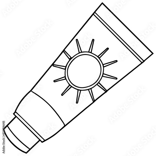 Black and white outline of a sunscreen tube featuring a sun symbol, ideal for summer and skincare themes.
