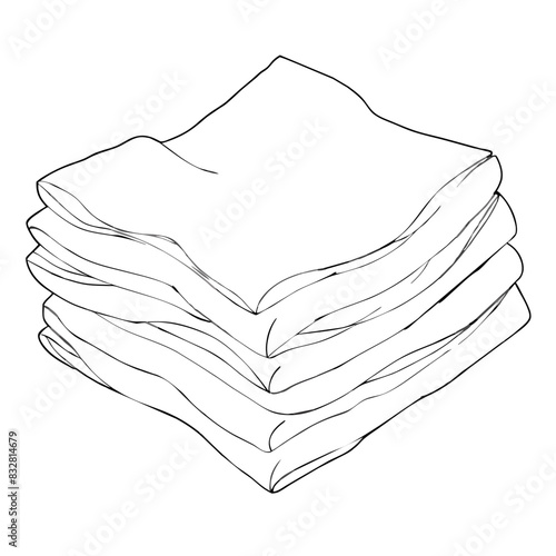  A stack of folded blankets. Black and white line drawing