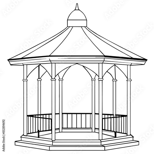 A large gazebo structure .Black and white line drawing