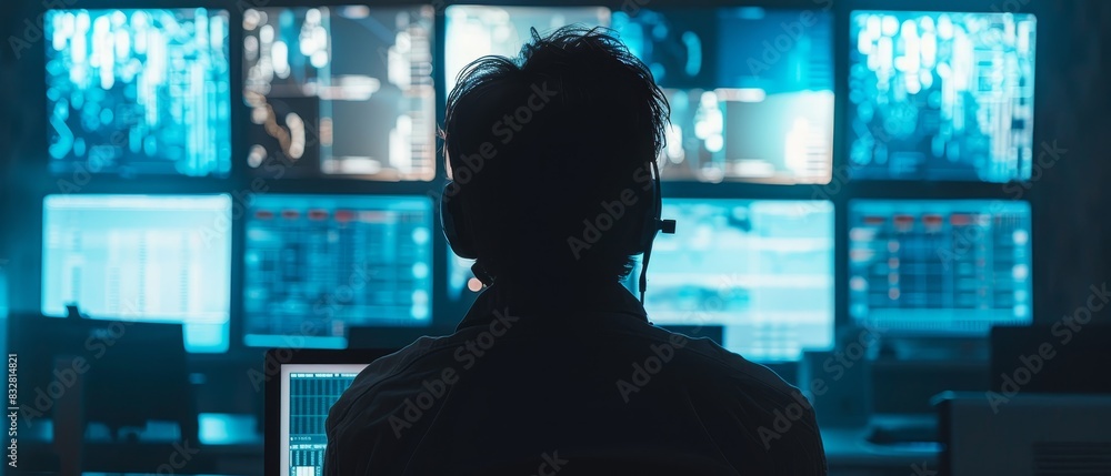 Professional Office Specialist Working on Desktop Computer in Modern Technological Monitoring Control Room 