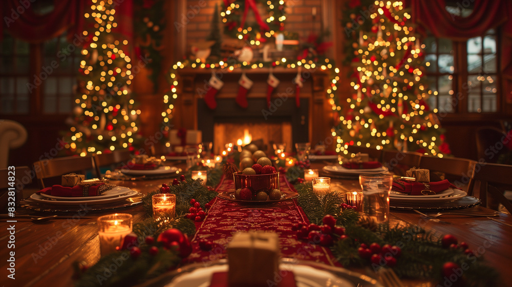 Cozy Christmas Dinner with Festive Decorations and Fireplace - Generative AI