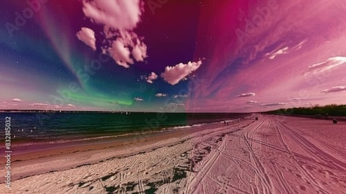  A photo of a vast sandy beach beneath a vibrant sky of pink and green auroras