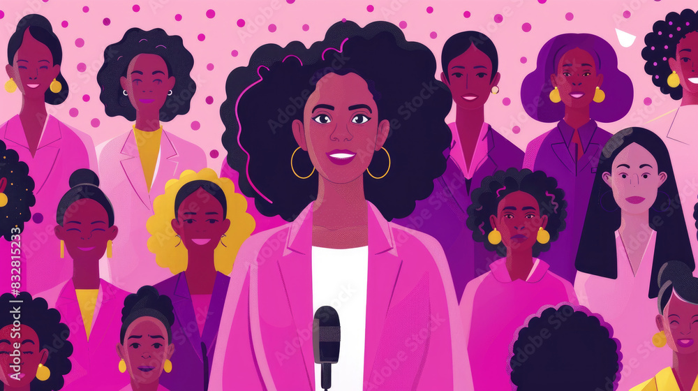 A woman confidently stands in front of a large group of women, addressing them or leading a discussion A woman confidently stands in front of a large group of women, addressing them or leading a discussion