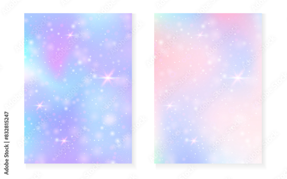 Magic background with princess rainbow gradient. Kawaii unicorn hologram. Holographic fairy set. Stylish fantasy cover. Magic background with sparkles and stars for cute girl party invitation. Magic background with princess rainbow gradient. Kawaii unicorn hologram. Holographic fairy set. Stylish fantasy cover. Magic background with sparkles and stars for cute girl party invitation.